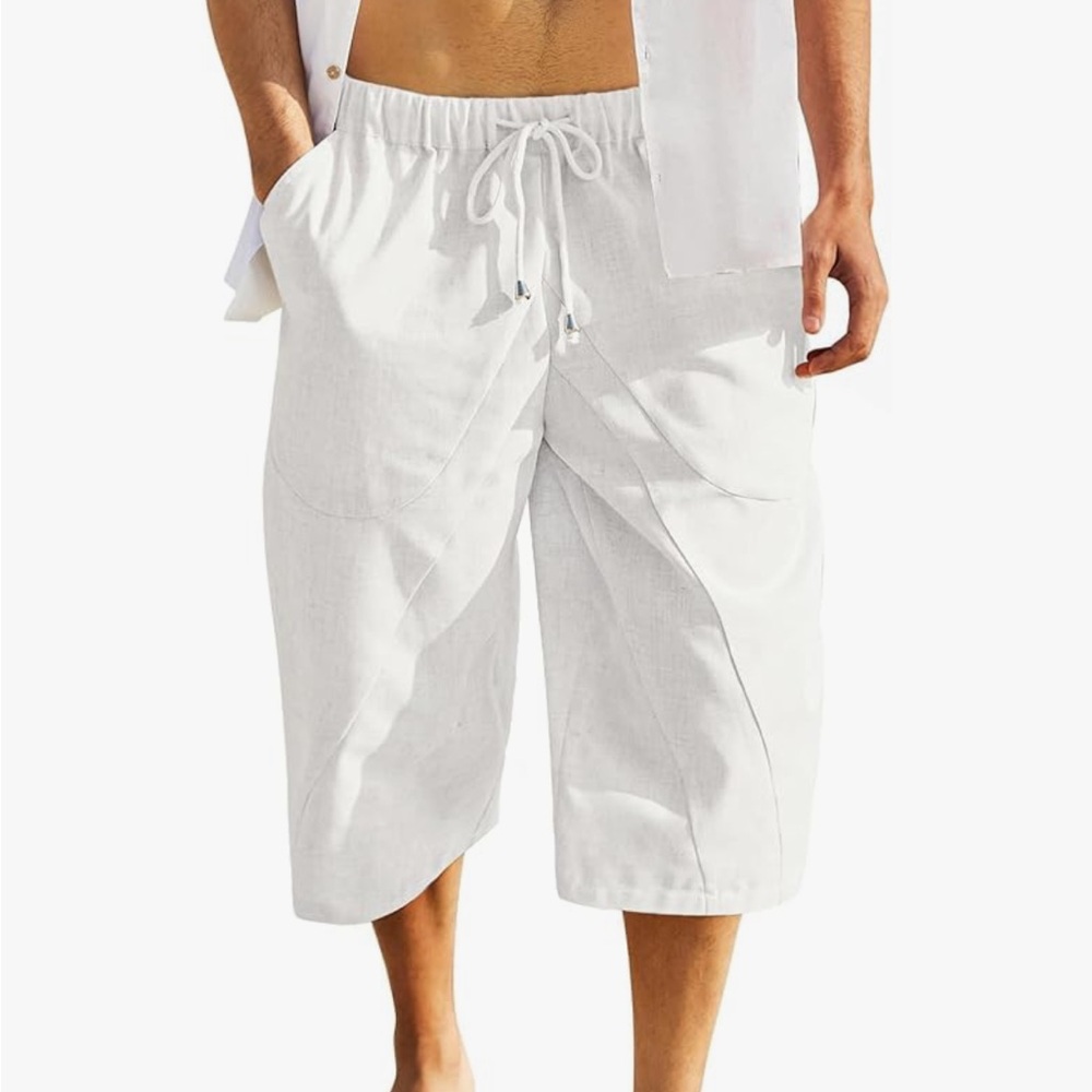 COOFANDY White  Linen Summer Beach  Yoga Shorts Drawstring Loose 3/4 Length